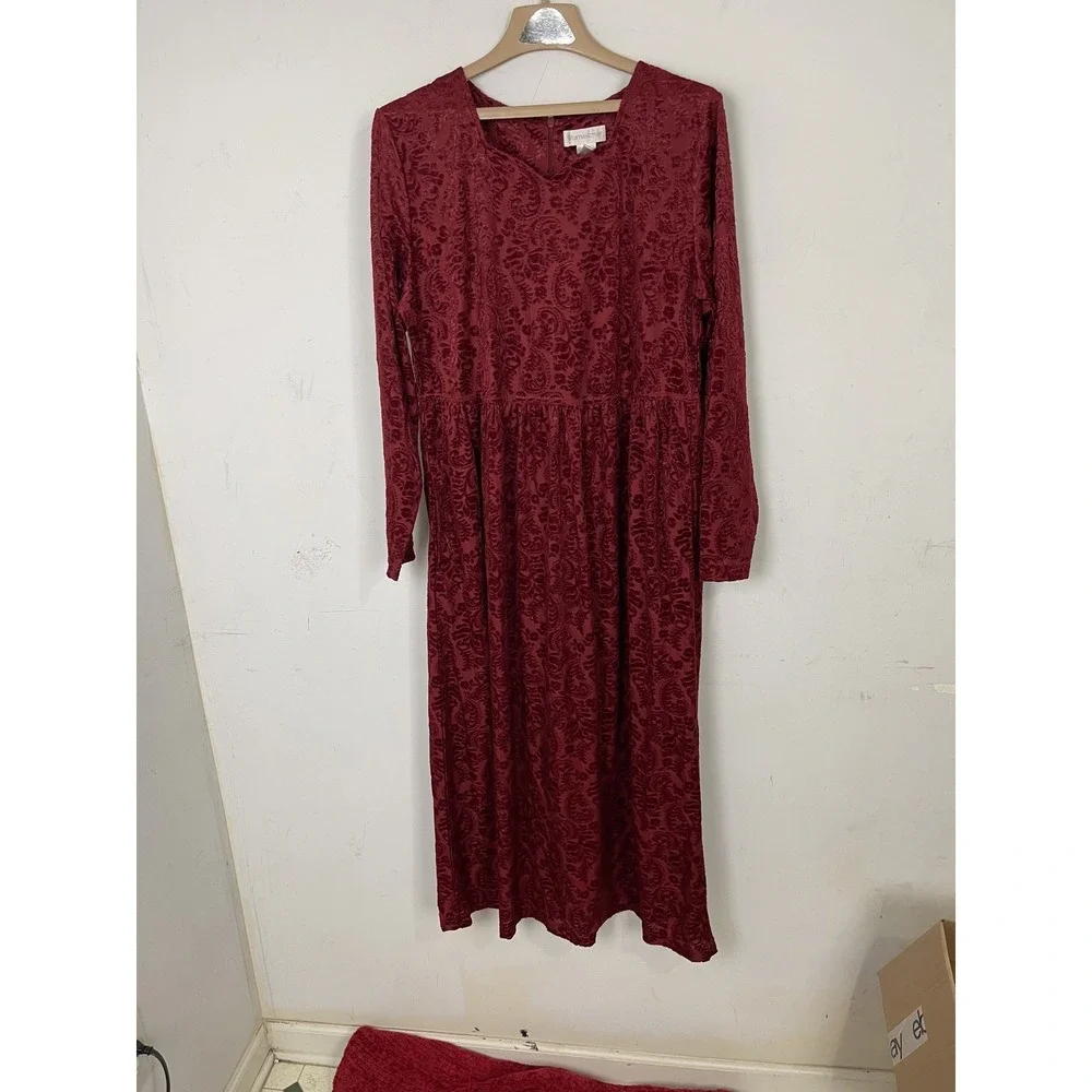 Worthington Womens Dress 12 Burgundy Velvet Burnout Vintage Cottage Christmas‎